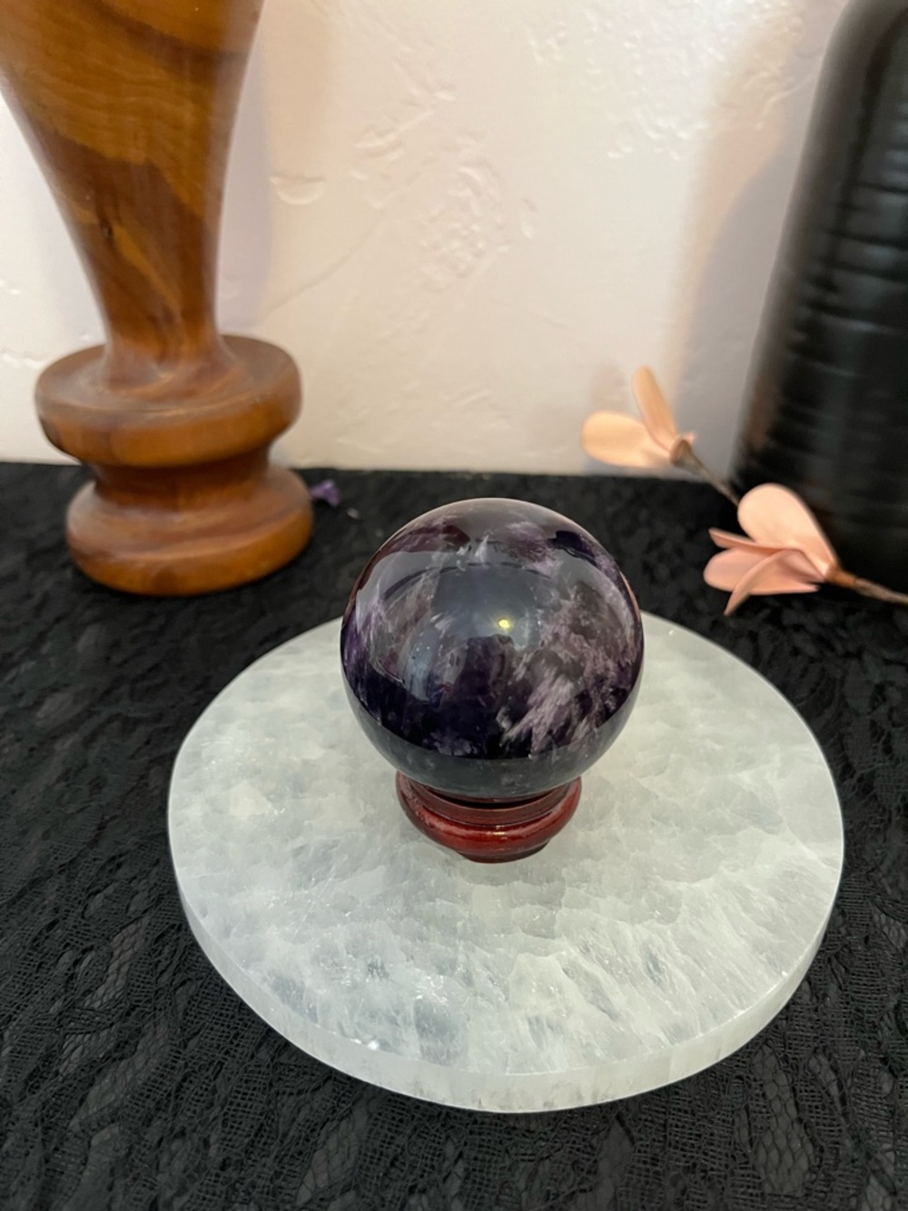 Dream Amethyst Crystal Sphere on Wooden Stand - Deep Purple Display Orb